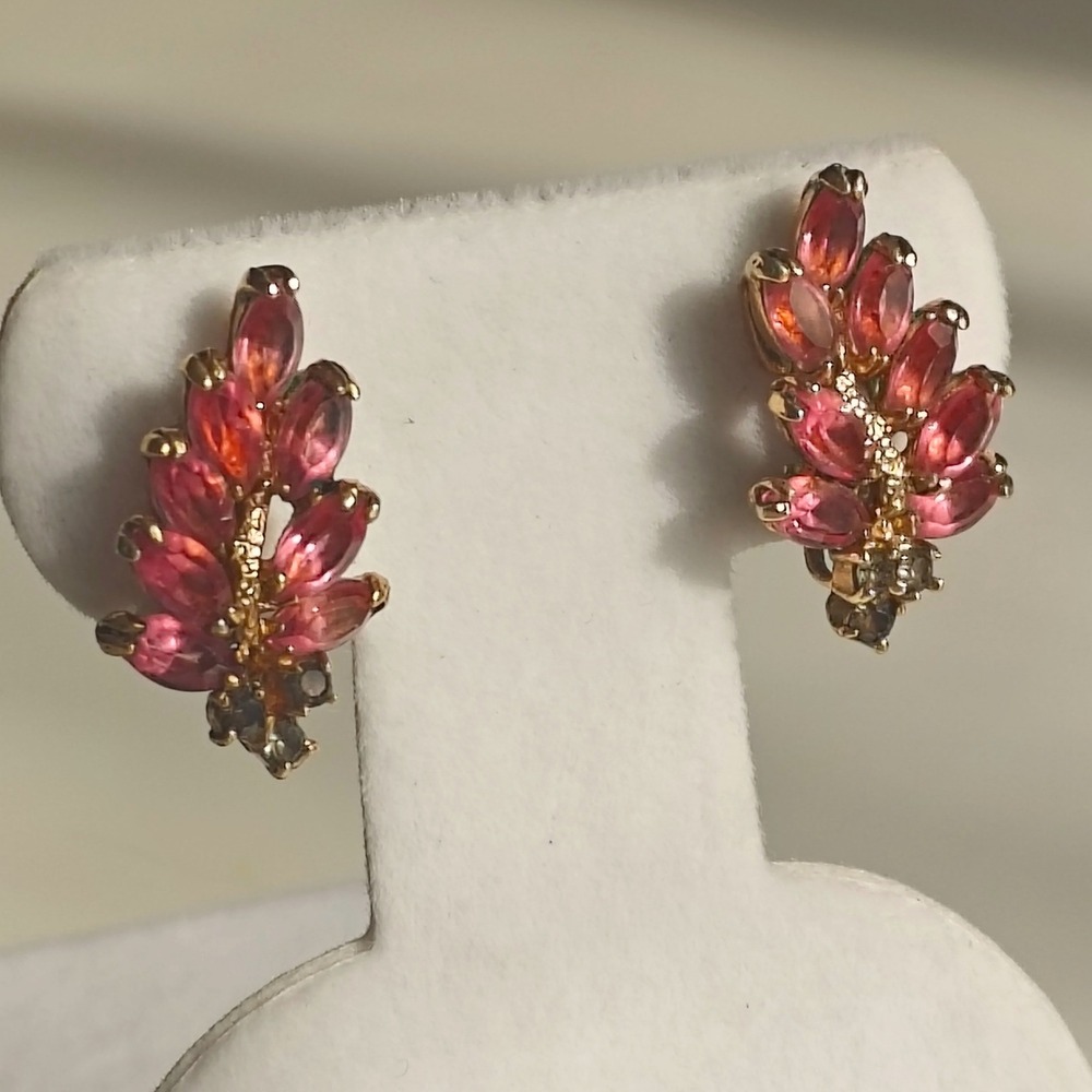 Pink Marquise Crystal Leaf Cluster Stud Earrings Green Gold Tone Floral